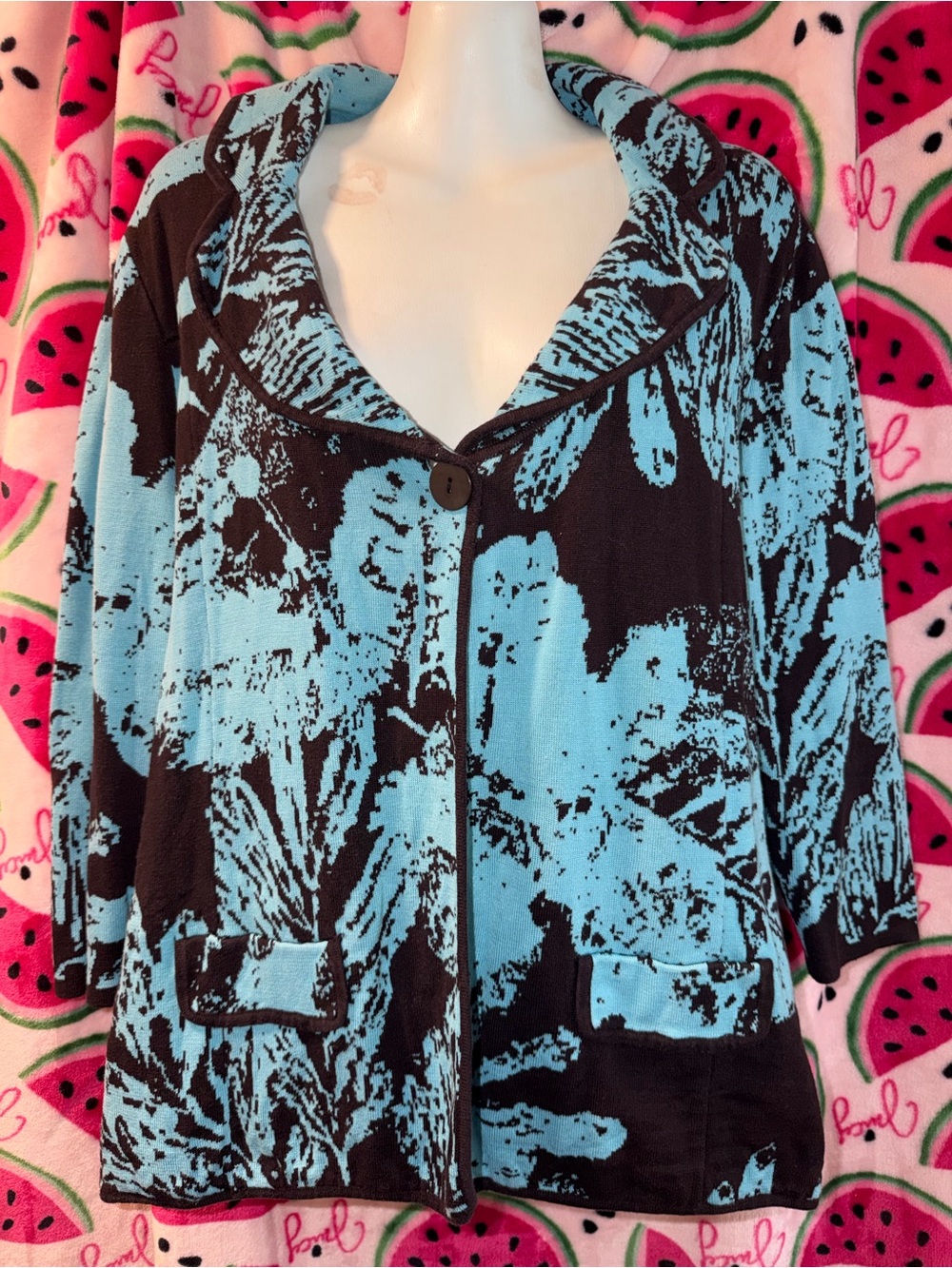 🩵🖤 Chico's Silk and Cotton Blend Floral Button-Front Sweatshirt Jacket